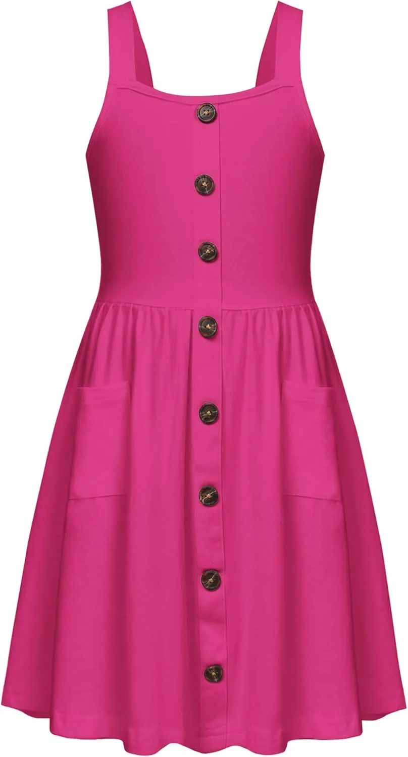 Arshiner Girl's Spaghetti Strap Button Down Midi Sleeveless Summer Casual Sundress A-line Dress with Pockets