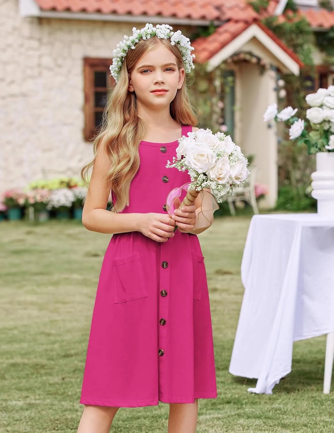 Arshiner Girl's Spaghetti Strap Button Down Midi Sleeveless Summer Casual Sundress A-line Dress with Pockets