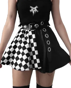 AULKEEP Gothic Black Plaid Skirts Elastic Waist Mini Skirt Goth Harajuku Patchwork Skirt with Belt