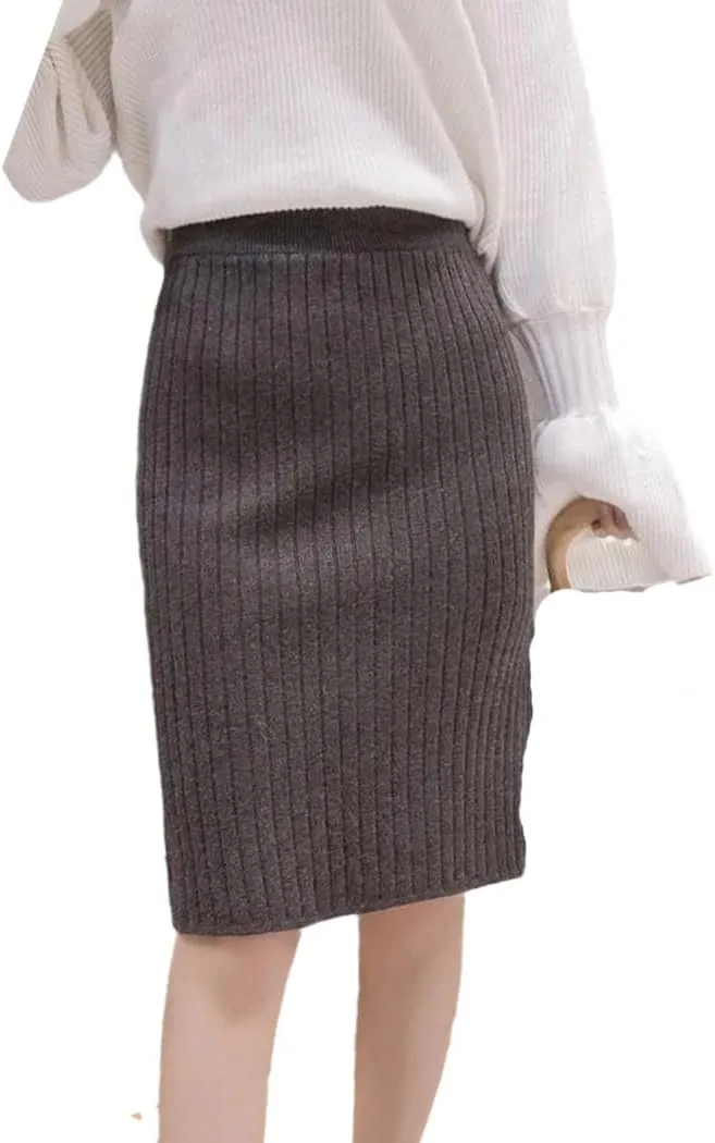 Autumn Winter Knit Pencil Skirt Women High Waist Elastic Skirts Sexy Knited Split Midi Skirt
