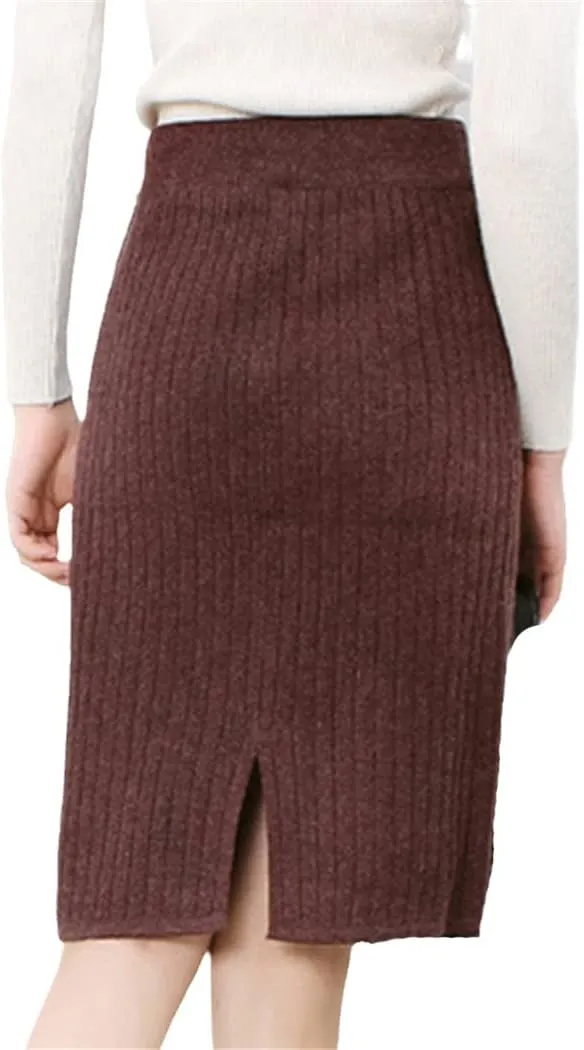 Autumn Winter Knit Pencil Skirt Women High Waist Elastic Skirts Sexy Knited Split Midi Skirt