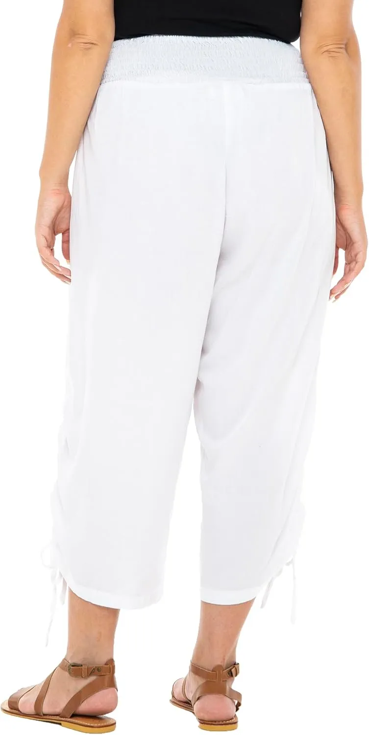 Back From Bali Womens Boho Wide Leg Loose Pants Cropped Rayon Summer Beach Pants Smocked Waist (S-4XL)