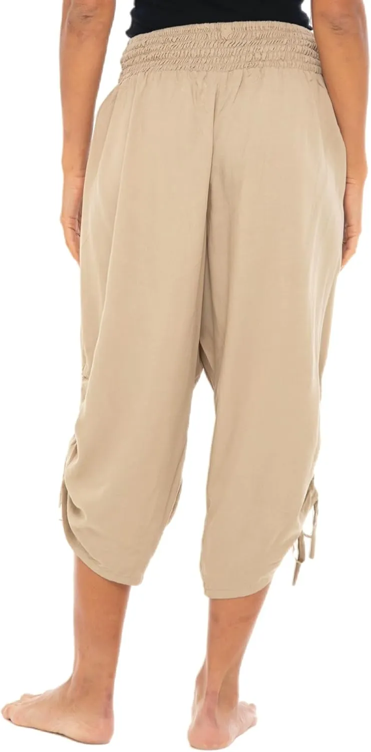 Back From Bali Womens Boho Wide Leg Loose Pants Cropped Rayon Summer Beach Pants Smocked Waist (S-4XL)
