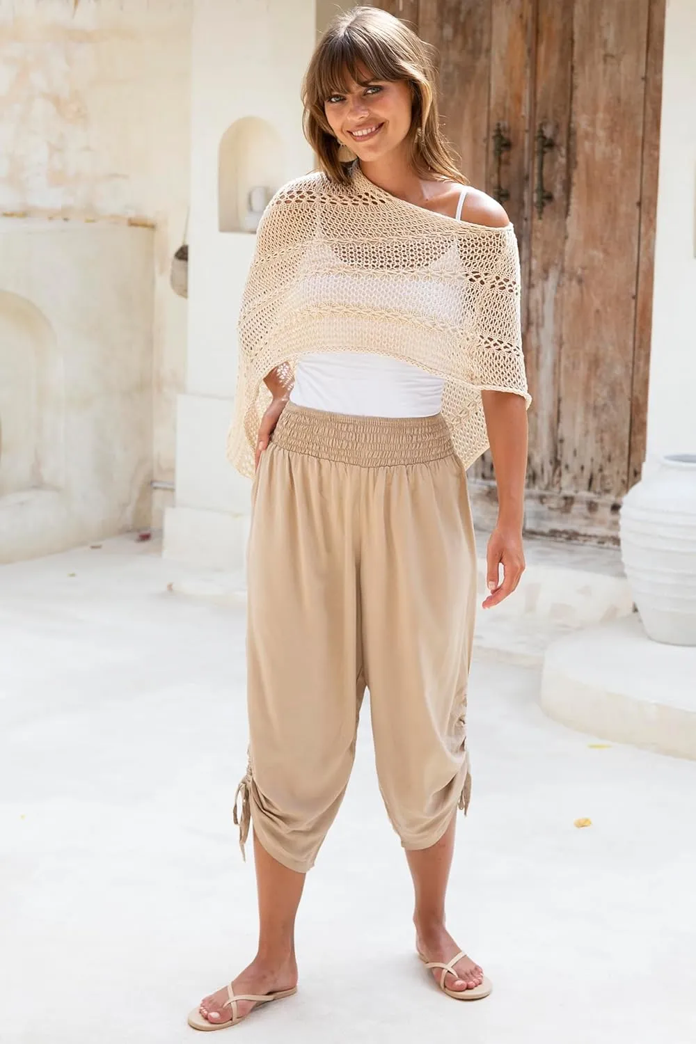 Back From Bali Womens Boho Wide Leg Loose Pants Cropped Rayon Summer Beach Pants Smocked Waist (S-4XL)