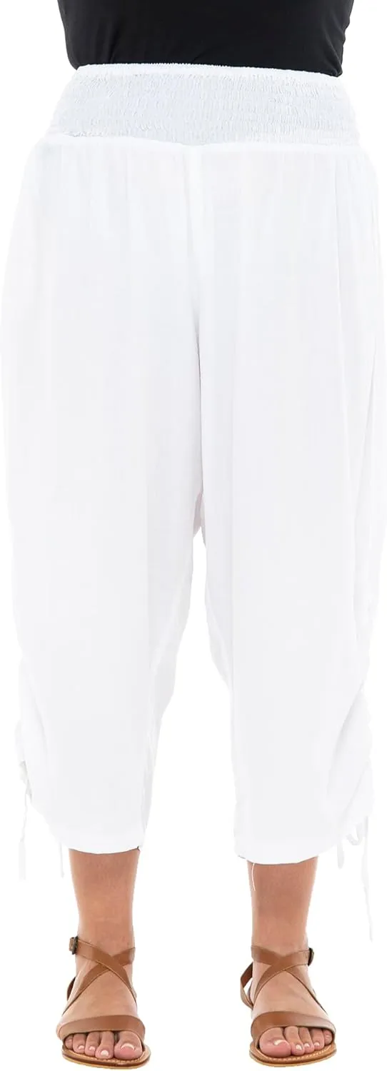 Back From Bali Womens Boho Wide Leg Loose Pants Cropped Rayon Summer Beach Pants Smocked Waist (S-4XL)