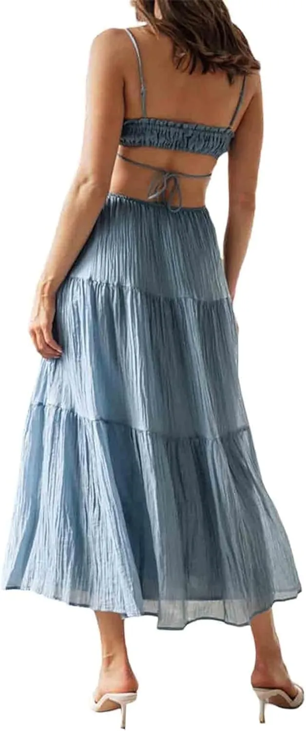 Backless Maxi Dress Women Y2k Spaghetti Strap Backless Dress Low Cut Bodycon Long Maxi Dresses