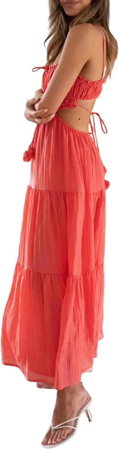 Backless Maxi Dress Women Y2k Spaghetti Strap Backless Dress Low Cut Bodycon Long Maxi Dresses