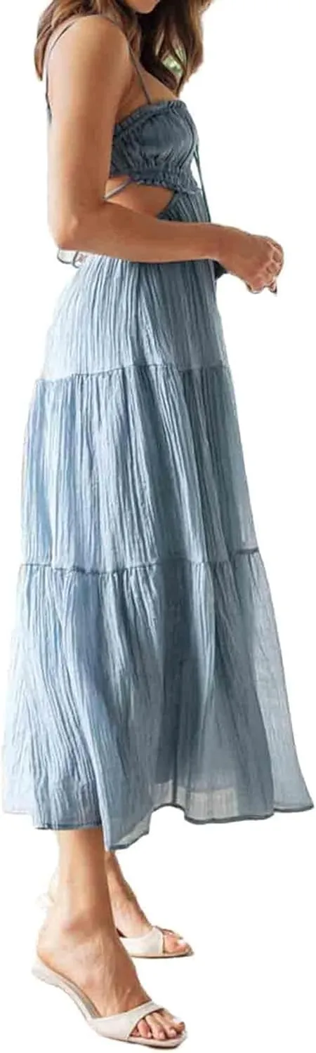 Backless Maxi Dress Women Y2k Spaghetti Strap Backless Dress Low Cut Bodycon Long Maxi Dresses
