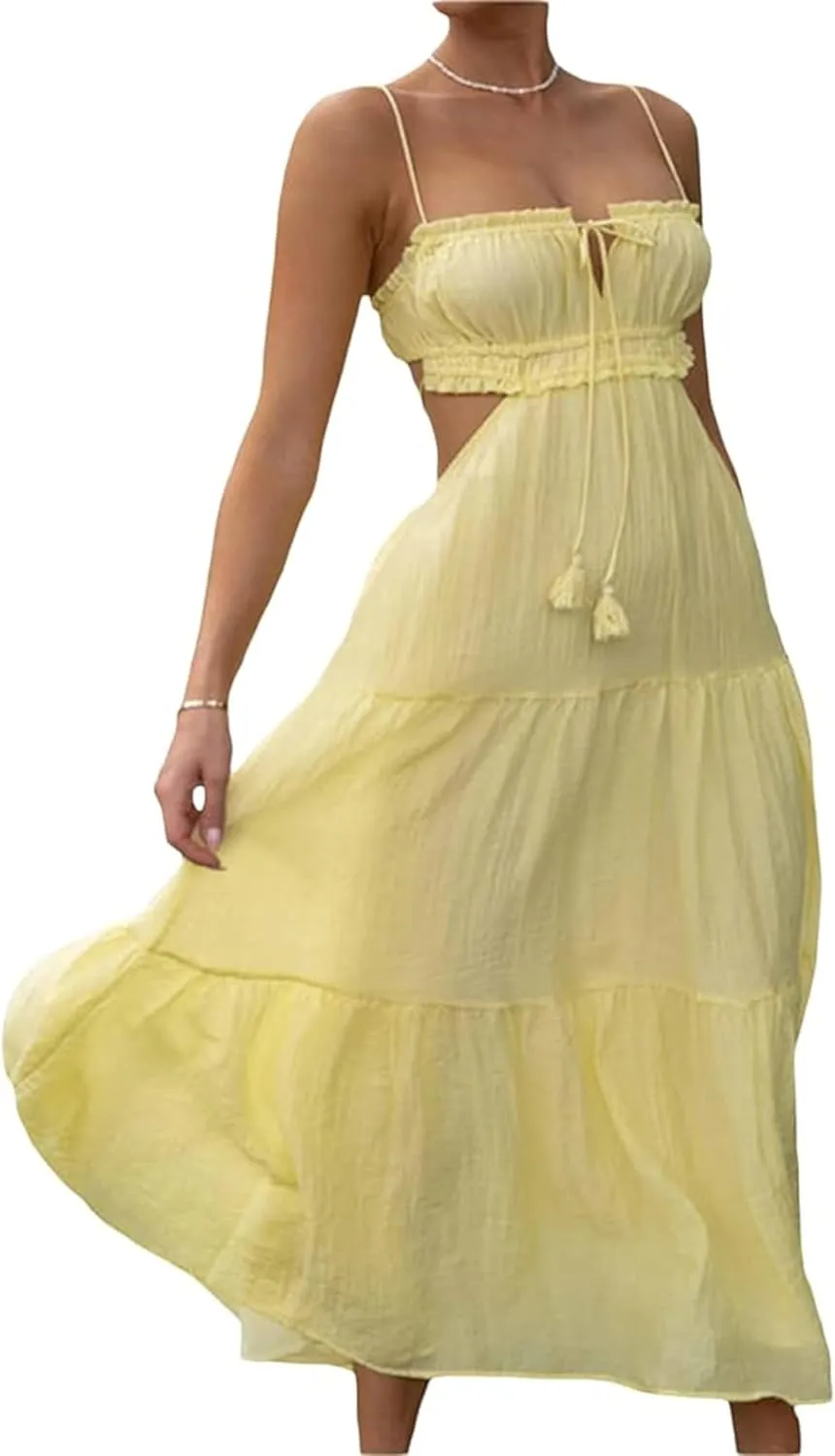 Backless Maxi Dress Women Y2k Spaghetti Strap Backless Dress Low Cut Bodycon Long Maxi Dresses