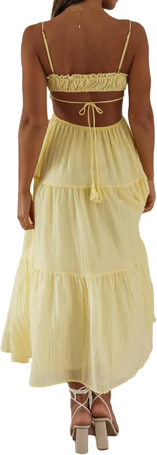 Backless Maxi Dress Women Y2k Spaghetti Strap Backless Dress Low Cut Bodycon Long Maxi Dresses
