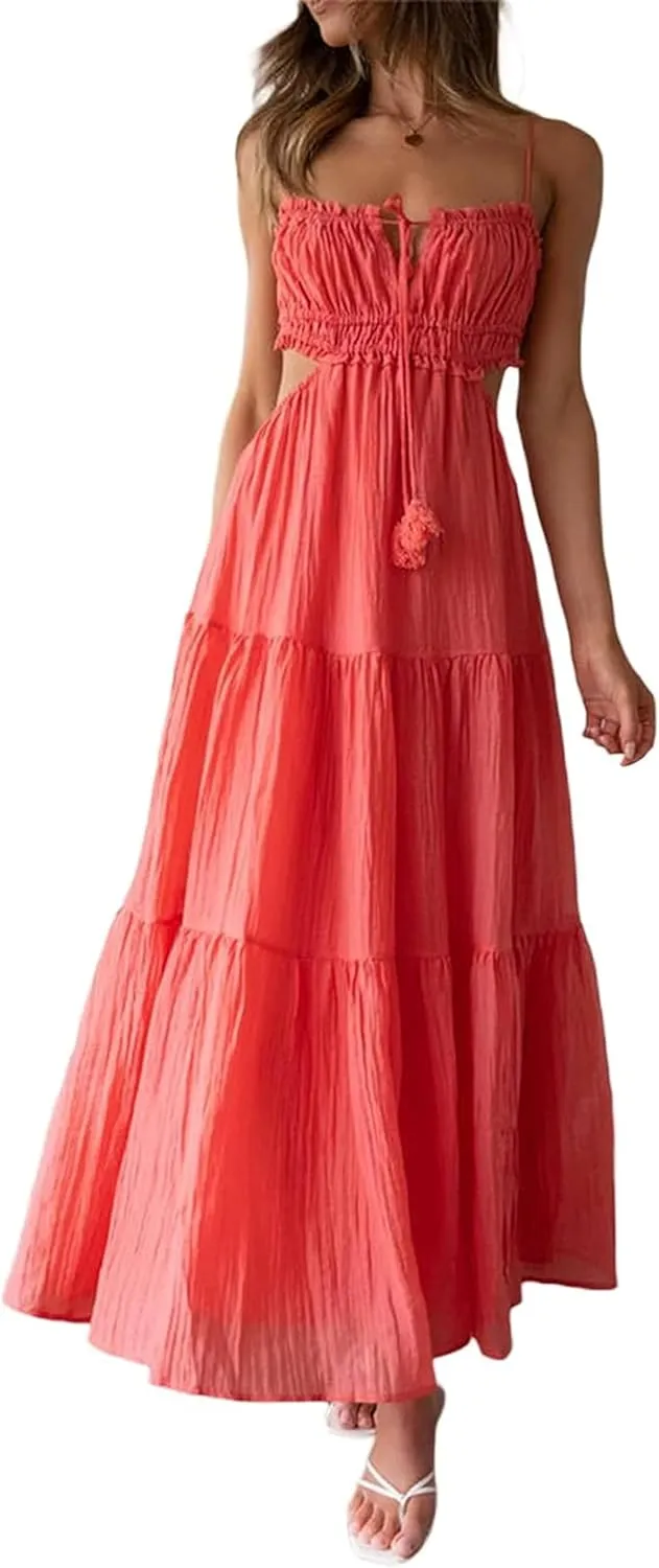 Backless Maxi Dress Women Y2k Spaghetti Strap Backless Dress Low Cut Bodycon Long Maxi Dresses