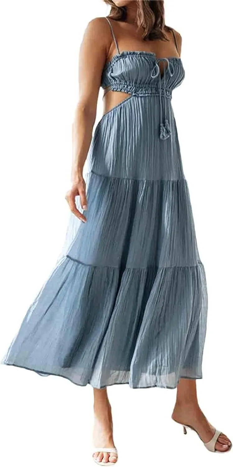 Backless Maxi Dress Women Y2k Spaghetti Strap Backless Dress Low Cut Bodycon Long Maxi Dresses