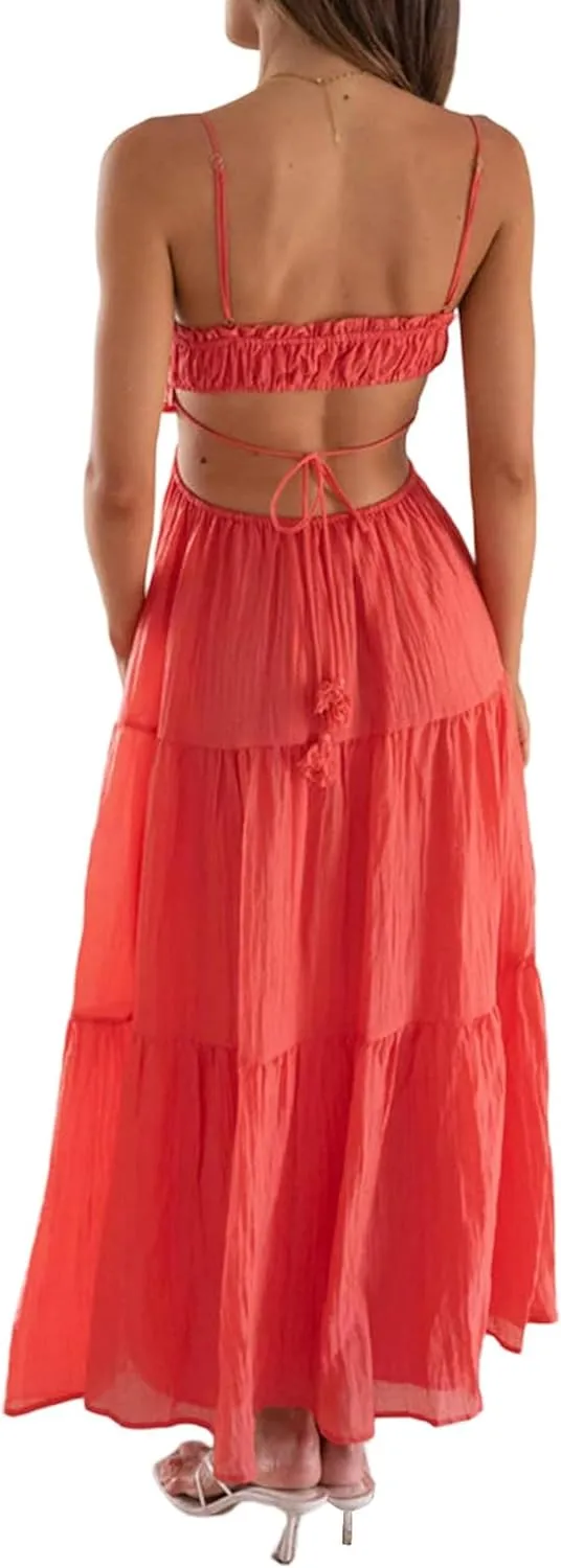 Backless Maxi Dress Women Y2k Spaghetti Strap Backless Dress Low Cut Bodycon Long Maxi Dresses
