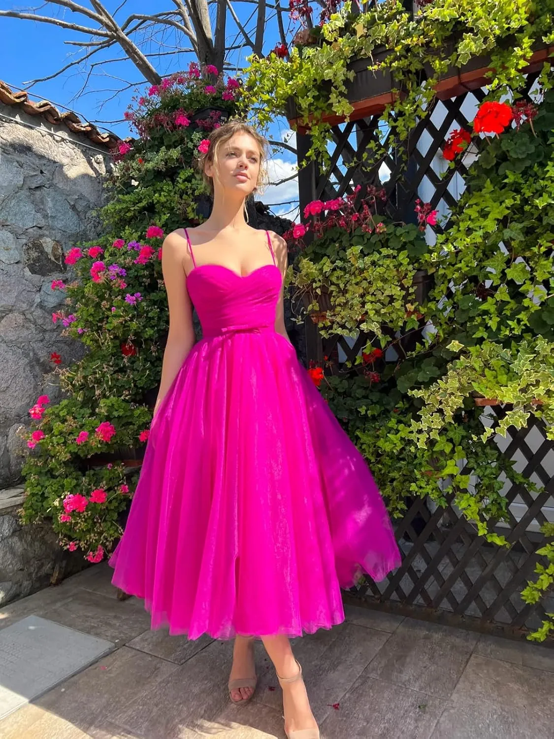 Basgute Tulle Tea Length Prom Dresses for Women Corset Sweetheart Spaghetti Straps Teens Formal Evening Party Gowns