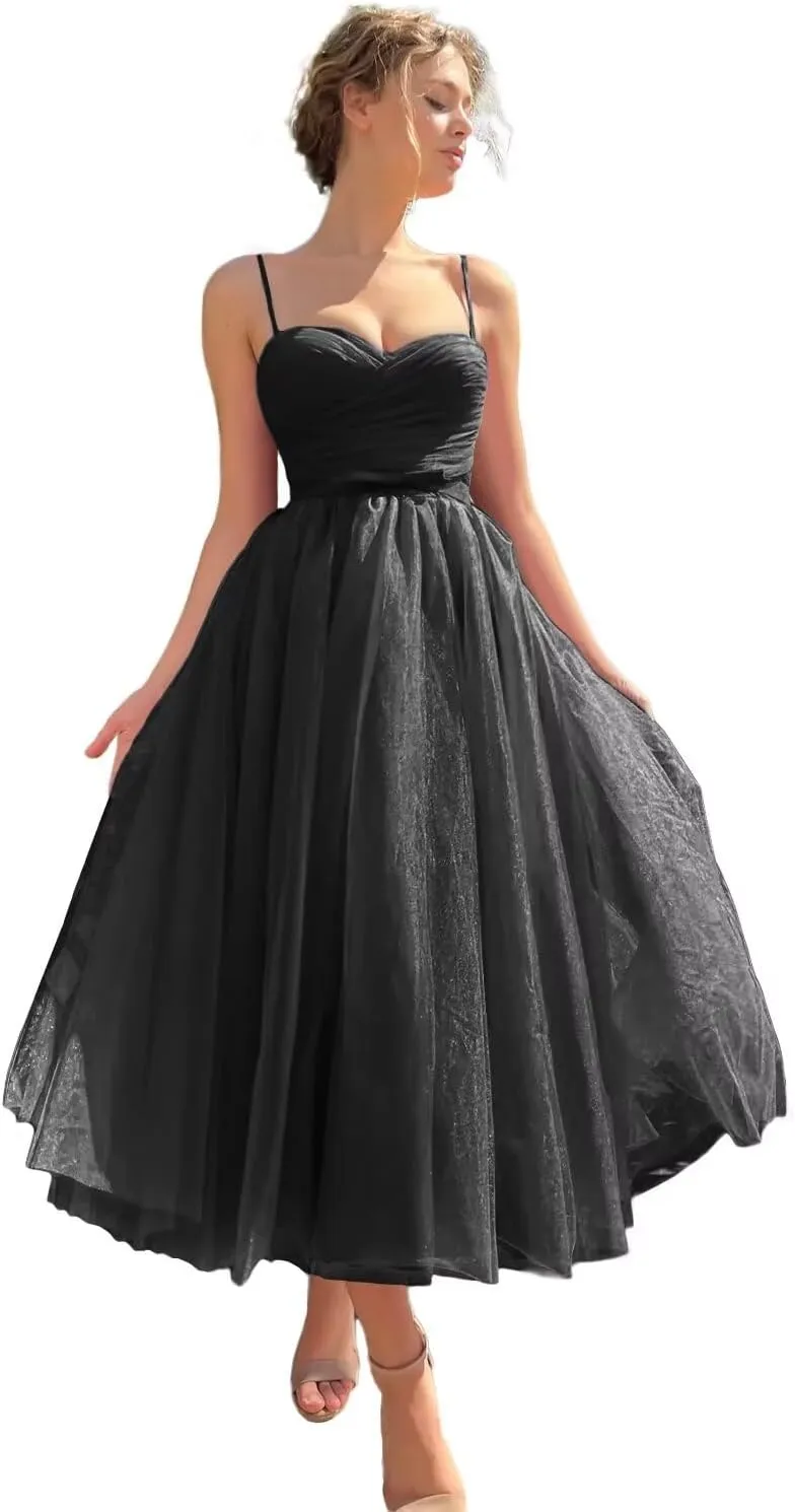 Basgute Tulle Tea Length Prom Dresses for Women Corset Sweetheart Spaghetti Straps Teens Formal Evening Party Gowns