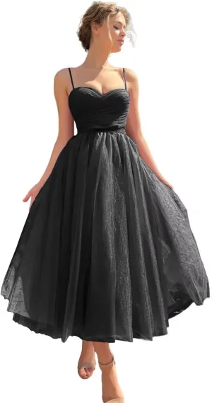 Basgute Tulle Tea Length Prom Dresses for Women Corset Sweetheart Spaghetti Straps Teens Formal Evening Party Gowns