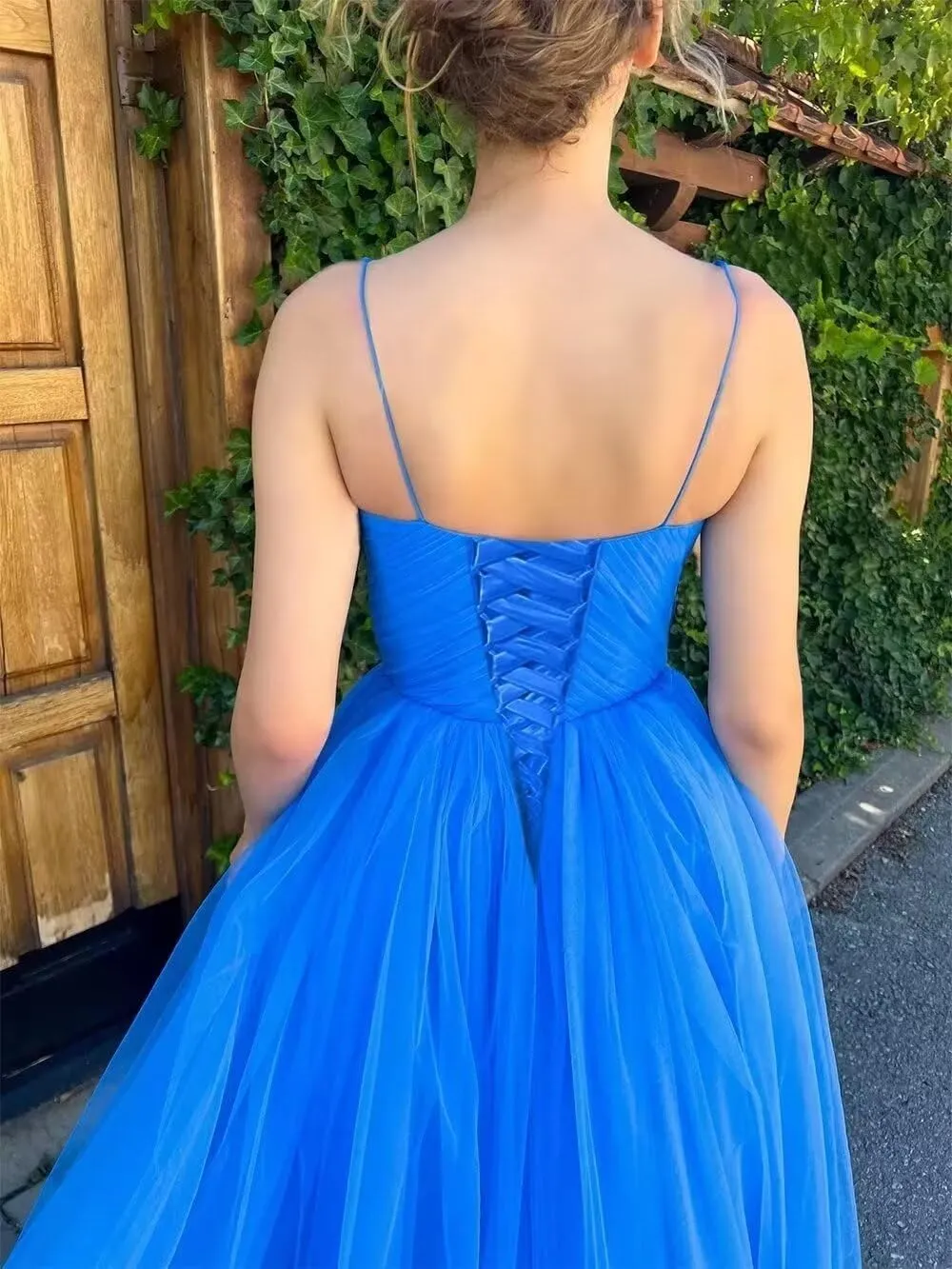 Basgute Tulle Tea Length Prom Dresses for Women Corset Sweetheart Spaghetti Straps Teens Formal Evening Party Gowns