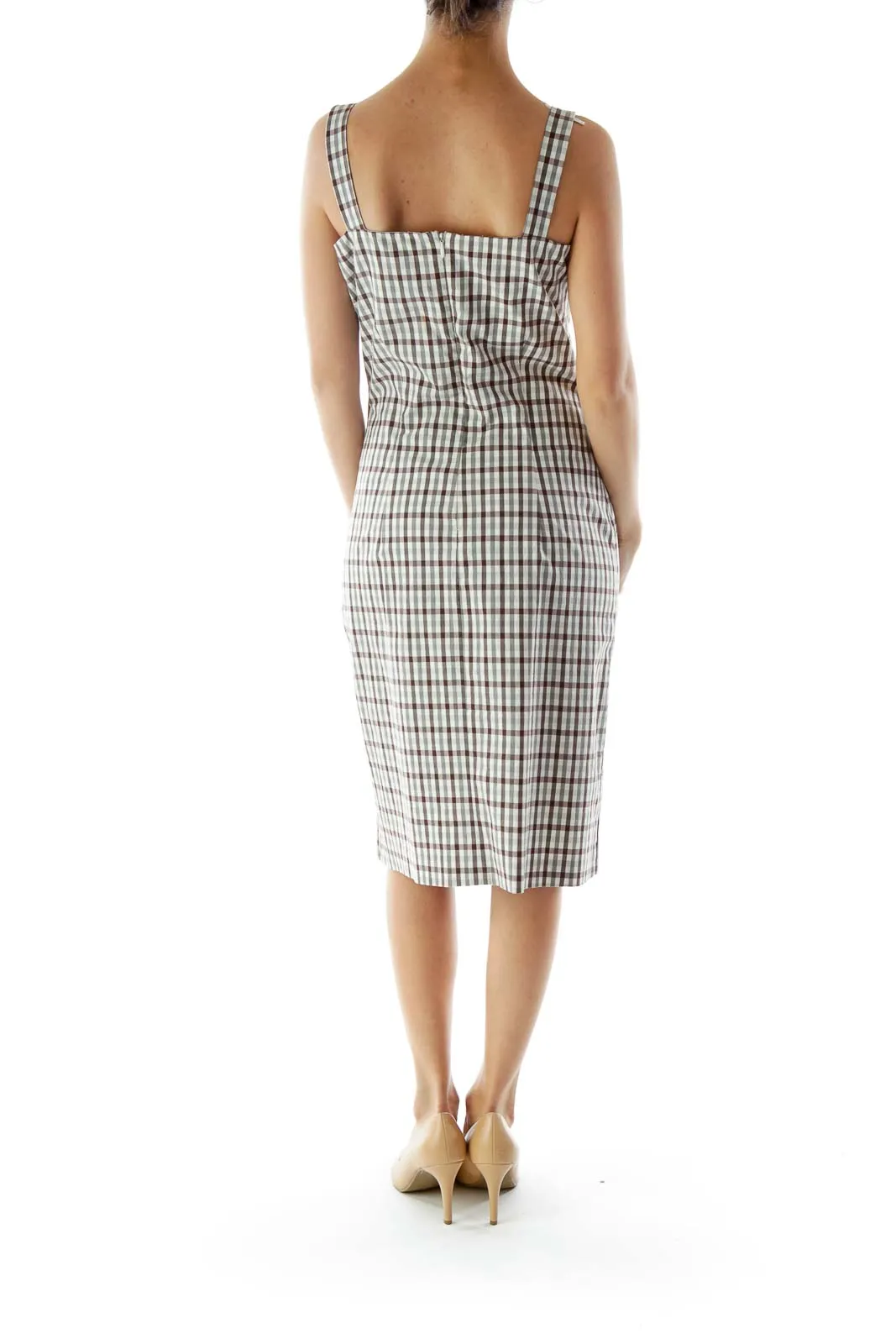 Beige and Brown Gingham Fitted Dress