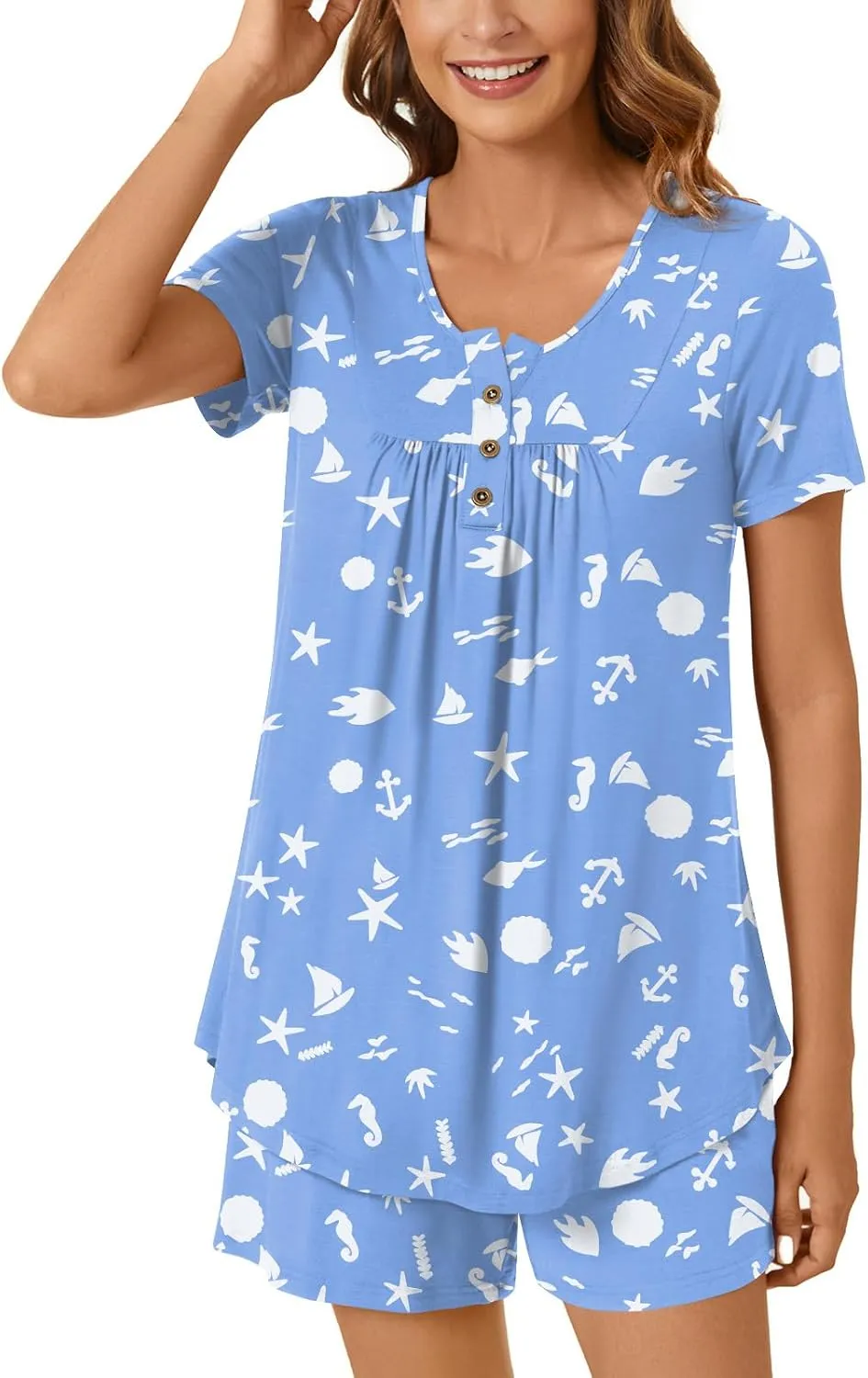 Bestbee Women's Pajama Sets 2 Piece Summer Sleepwear Henley Neck Short Sleeve Short Pant With Pockets Ladies Pjs