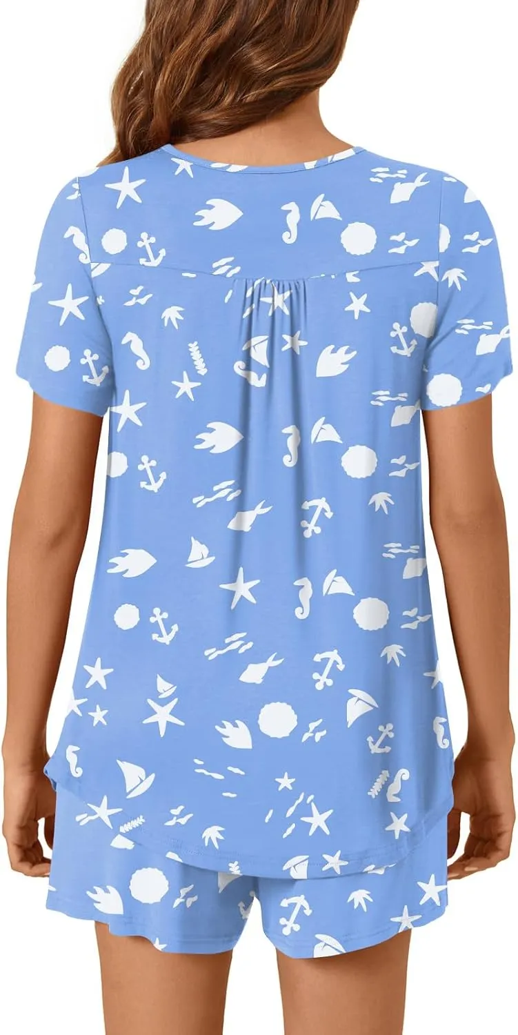 Bestbee Women's Pajama Sets 2 Piece Summer Sleepwear Henley Neck Short Sleeve Short Pant With Pockets Ladies Pjs