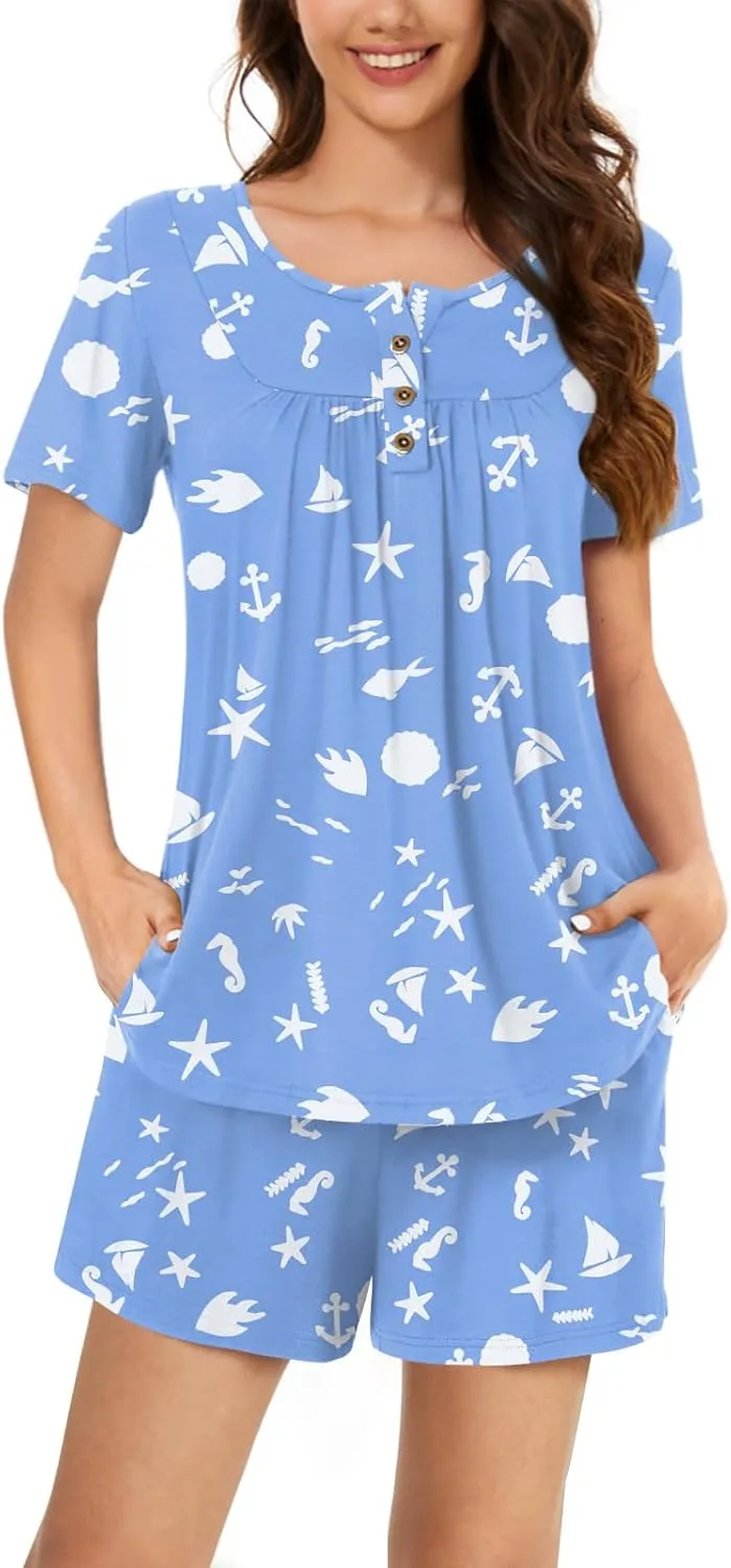 Bestbee Women's Pajama Sets 2 Piece Summer Sleepwear Henley Neck Short Sleeve Short Pant With Pockets Ladies Pjs