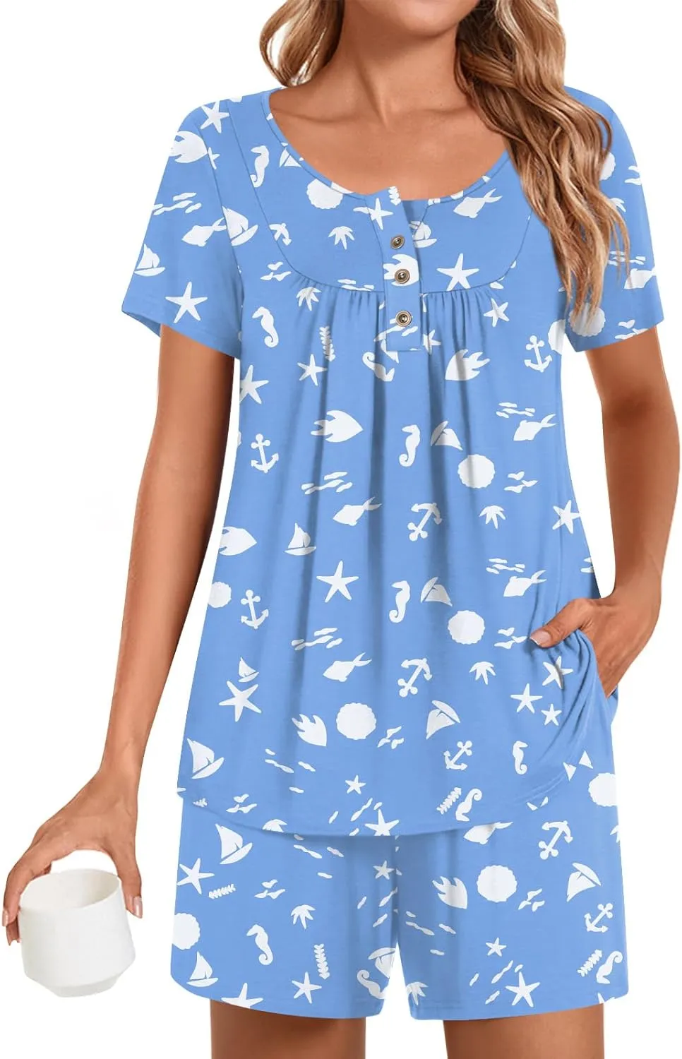 Bestbee Women's Pajama Sets 2 Piece Summer Sleepwear Henley Neck Short Sleeve Short Pant With Pockets Ladies Pjs