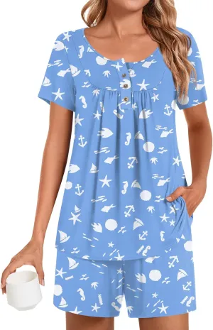 Bestbee Women's Pajama Sets 2 Piece Summer Sleepwear Henley Neck Short Sleeve Short Pant With Pockets Ladies Pjs