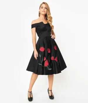 Black & Red Embroidered Floral Off Shoulder Jasmeena Cocktail Dress