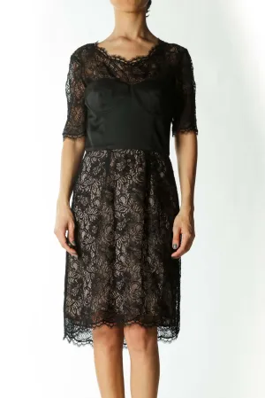Black and Beige Dress with Corset and Lace Detail