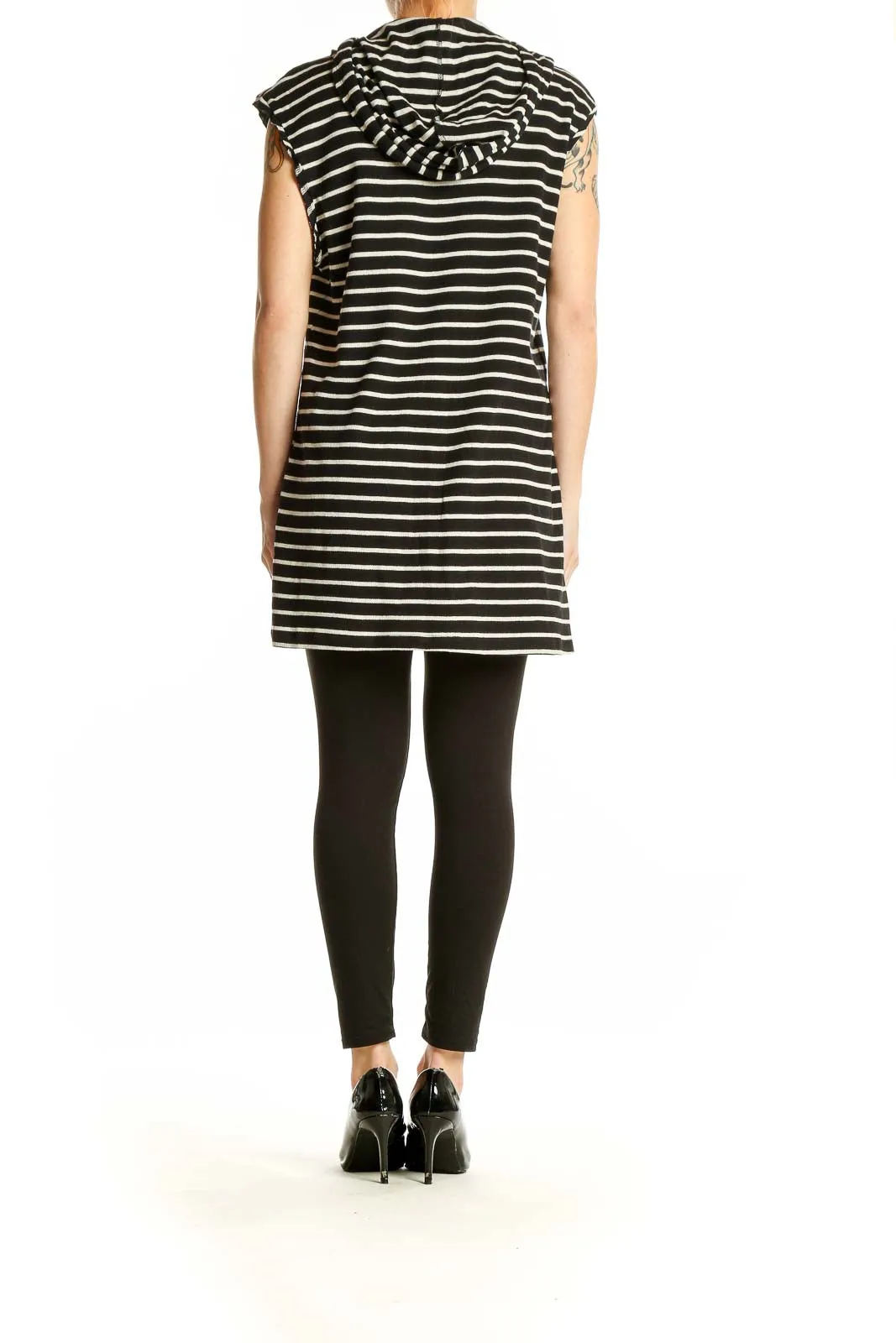 Black and White Striped Hooded Tunic Dress