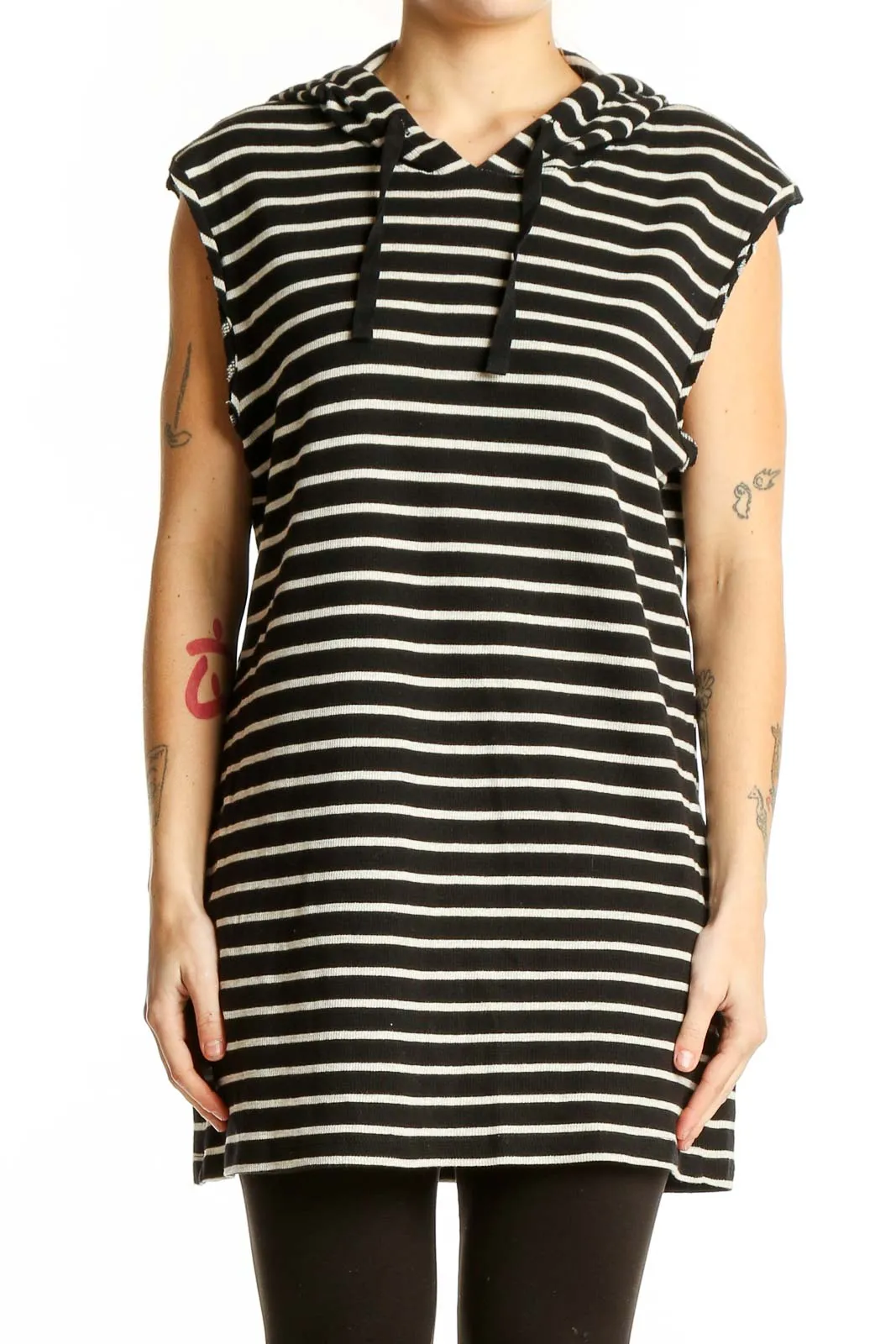 Black and White Striped Hooded Tunic Dress