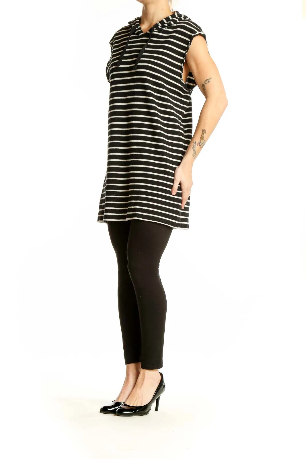 Black and White Striped Hooded Tunic Dress