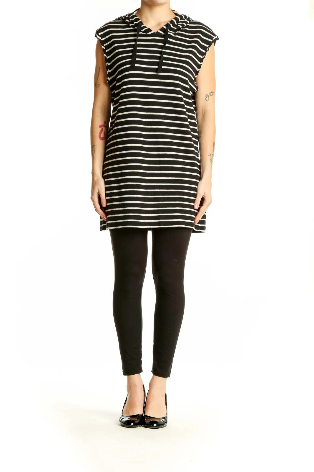 Black and White Striped Hooded Tunic Dress