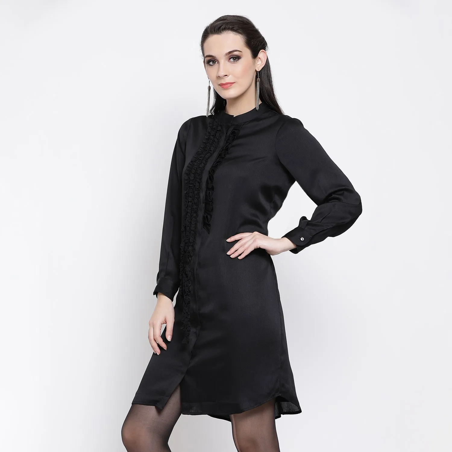 Black Chiffon Tunic With Frill At Yoke