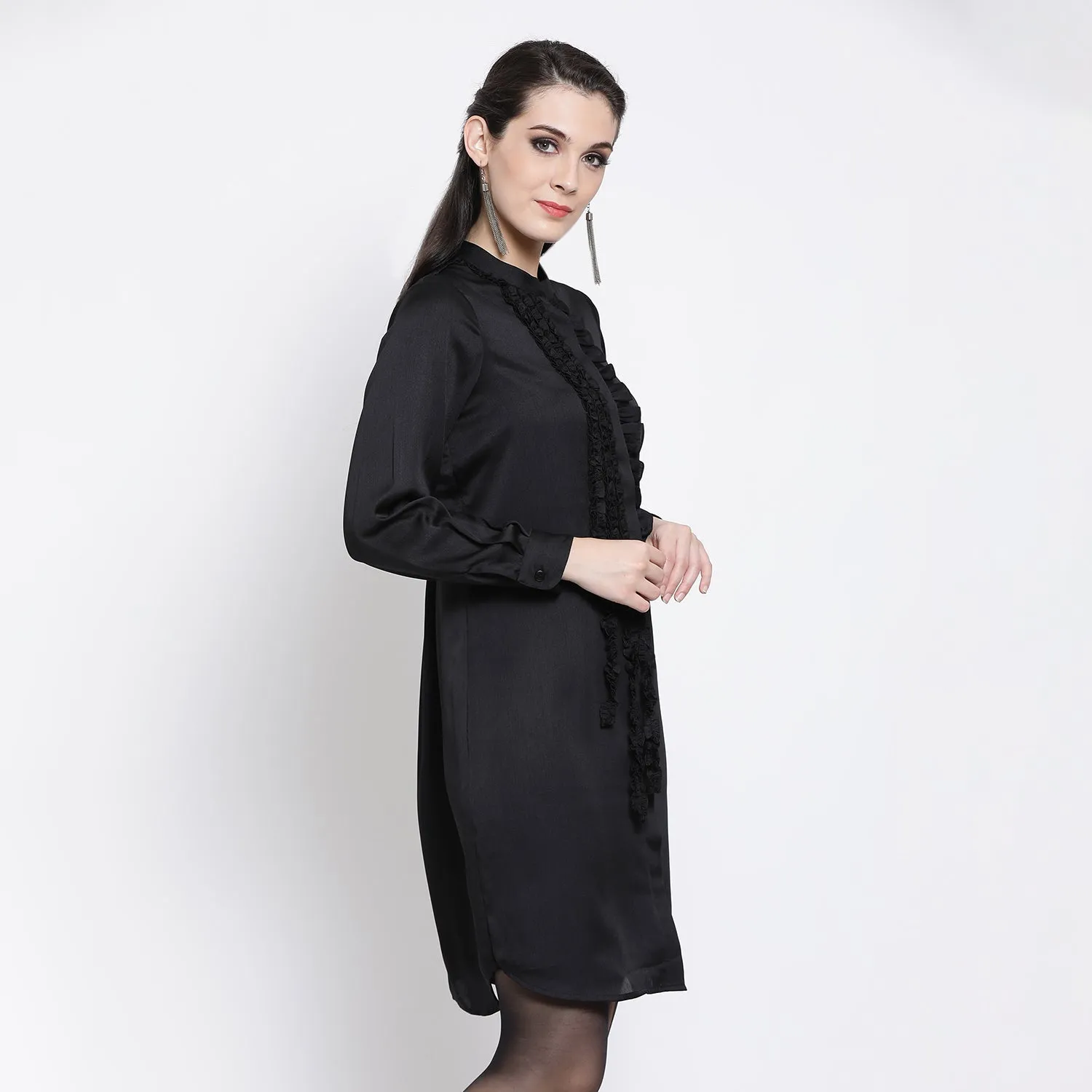 Black Chiffon Tunic With Frill At Yoke
