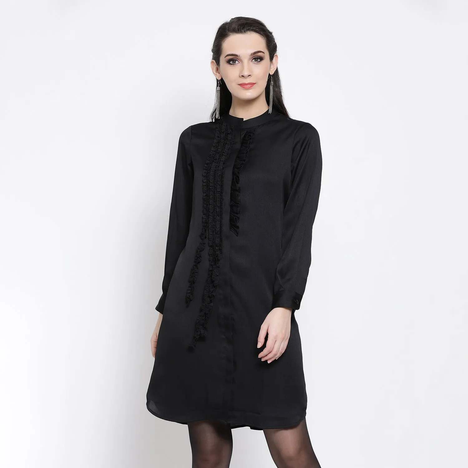 Black Chiffon Tunic With Frill At Yoke
