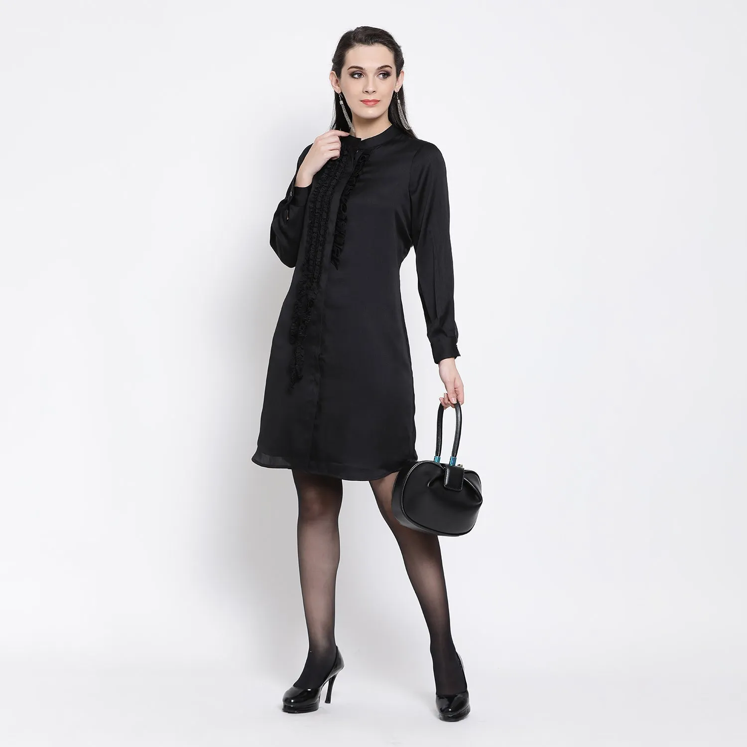 Black Chiffon Tunic With Frill At Yoke