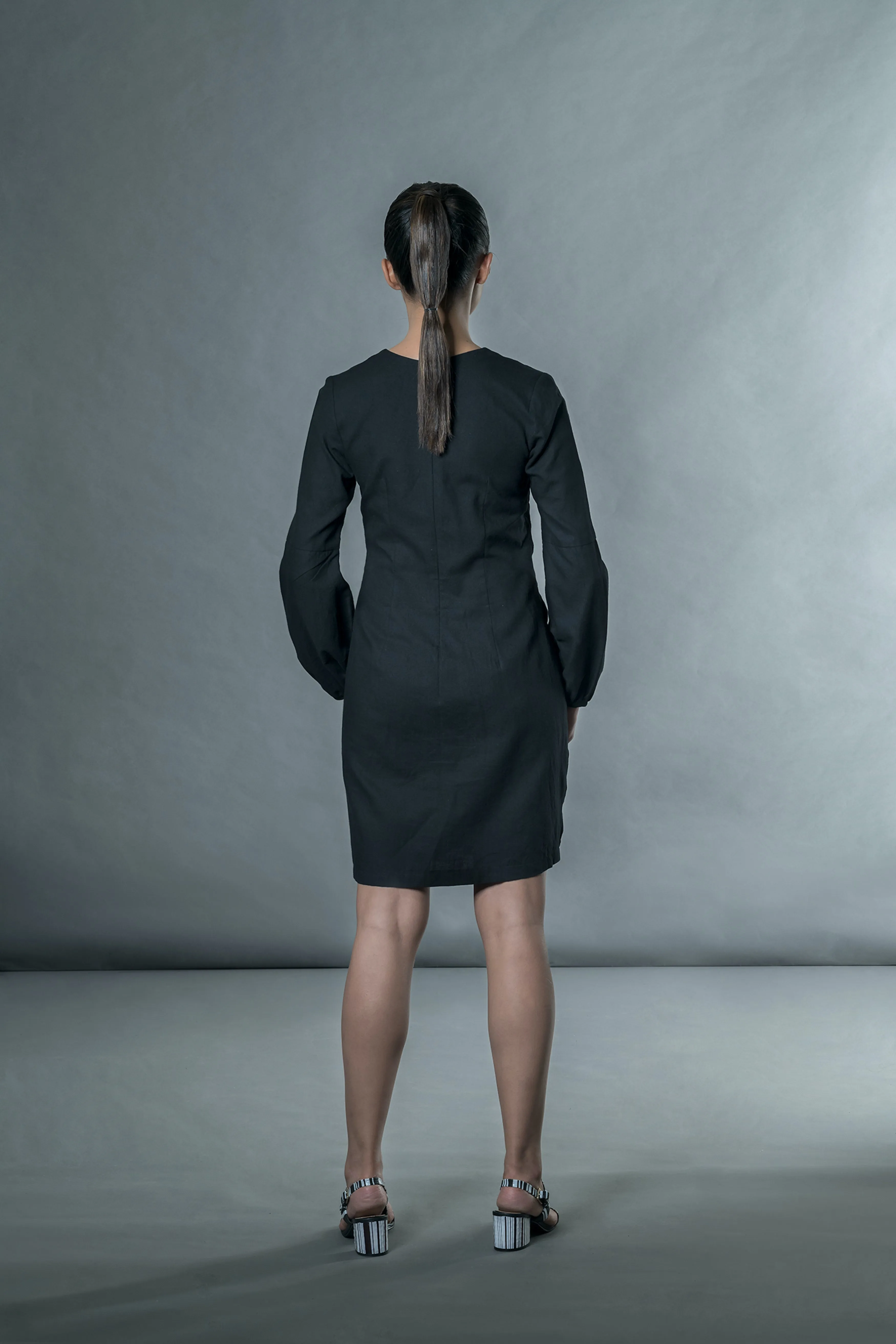 Black Long Puff Sleeves Mini Dress
