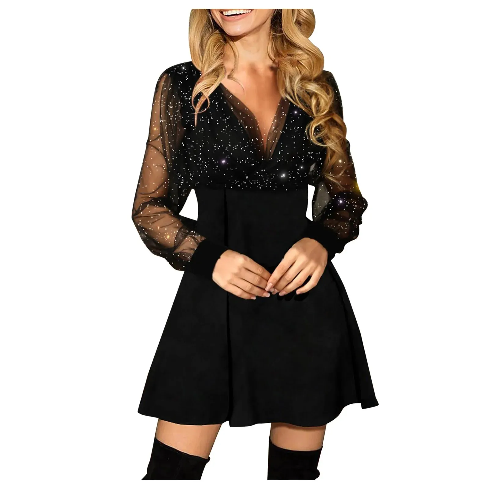 Black Sexy V Neck Waisted Cocktail Fashion Mesh Splicing Long Sleeve High Waist Summer Dress