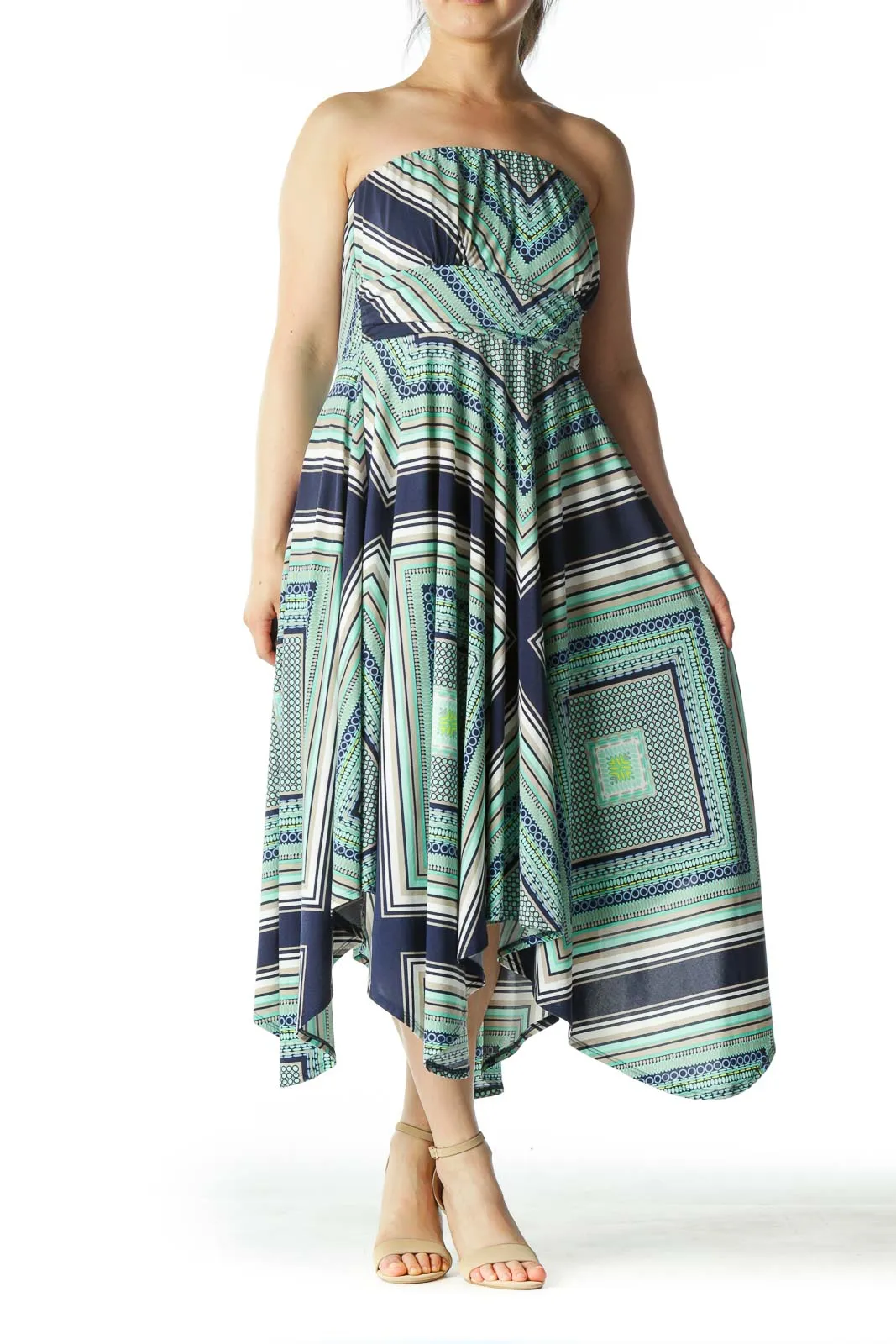 Blue and Green Patterned Strapless Dress