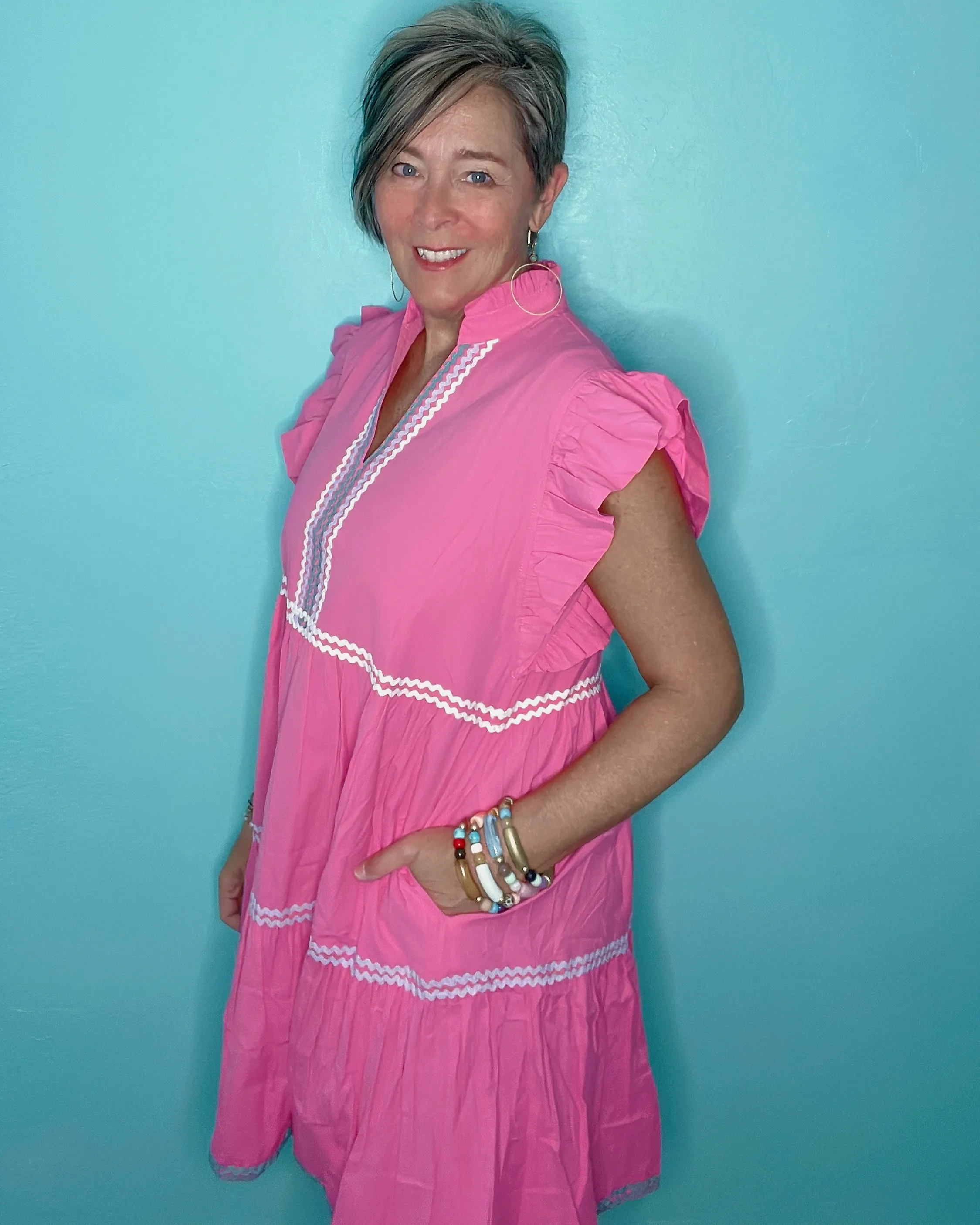 Blue, Pink or Mint Green Ricrac Trimmed Short Ruffle Sleeve Tiered Open Neck Dress