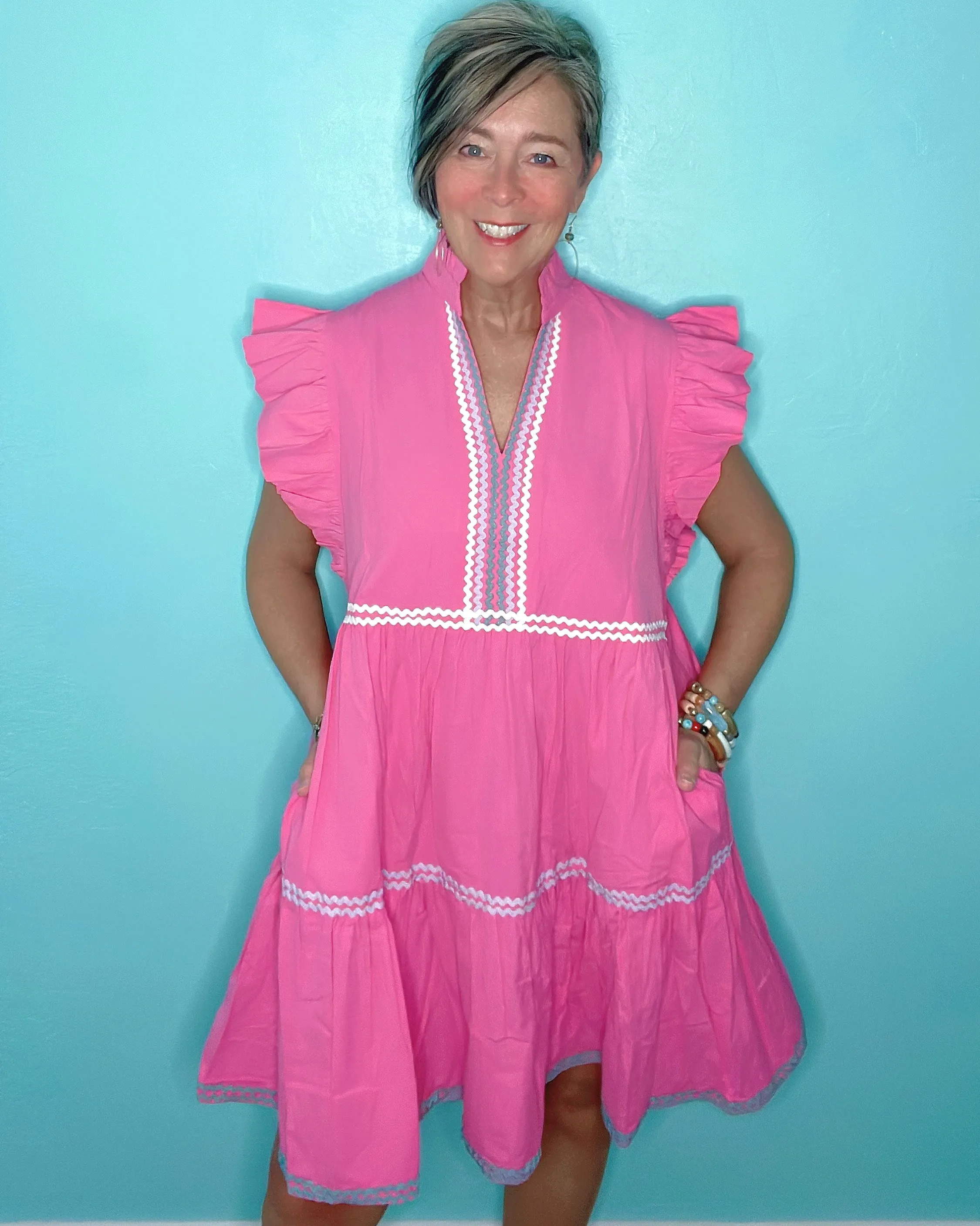 Blue, Pink or Mint Green Ricrac Trimmed Short Ruffle Sleeve Tiered Open Neck Dress