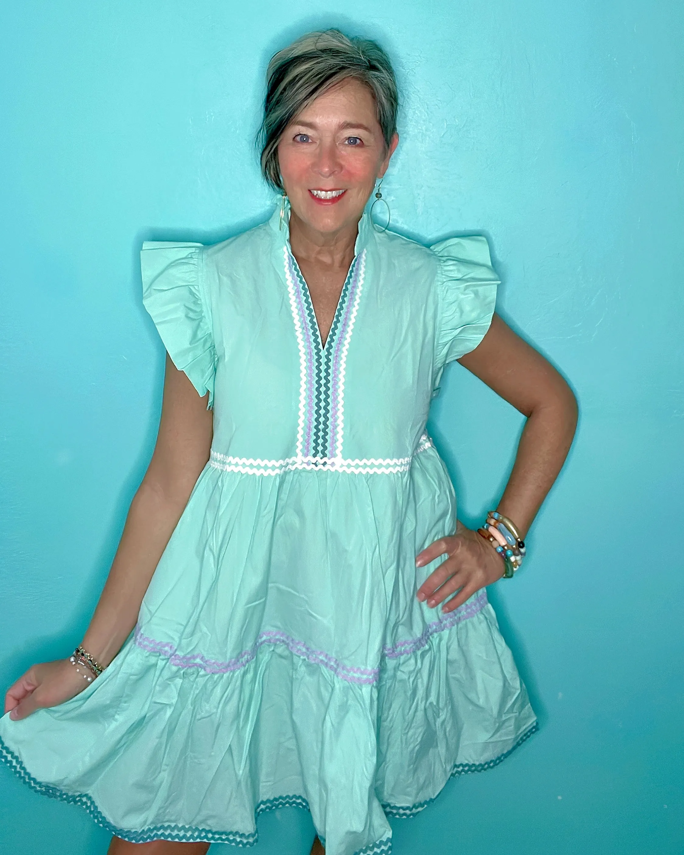 Blue, Pink or Mint Green Ricrac Trimmed Short Ruffle Sleeve Tiered Open Neck Dress
