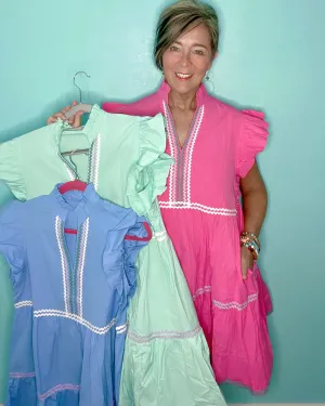 Blue, Pink or Mint Green Ricrac Trimmed Short Ruffle Sleeve Tiered Open Neck Dress