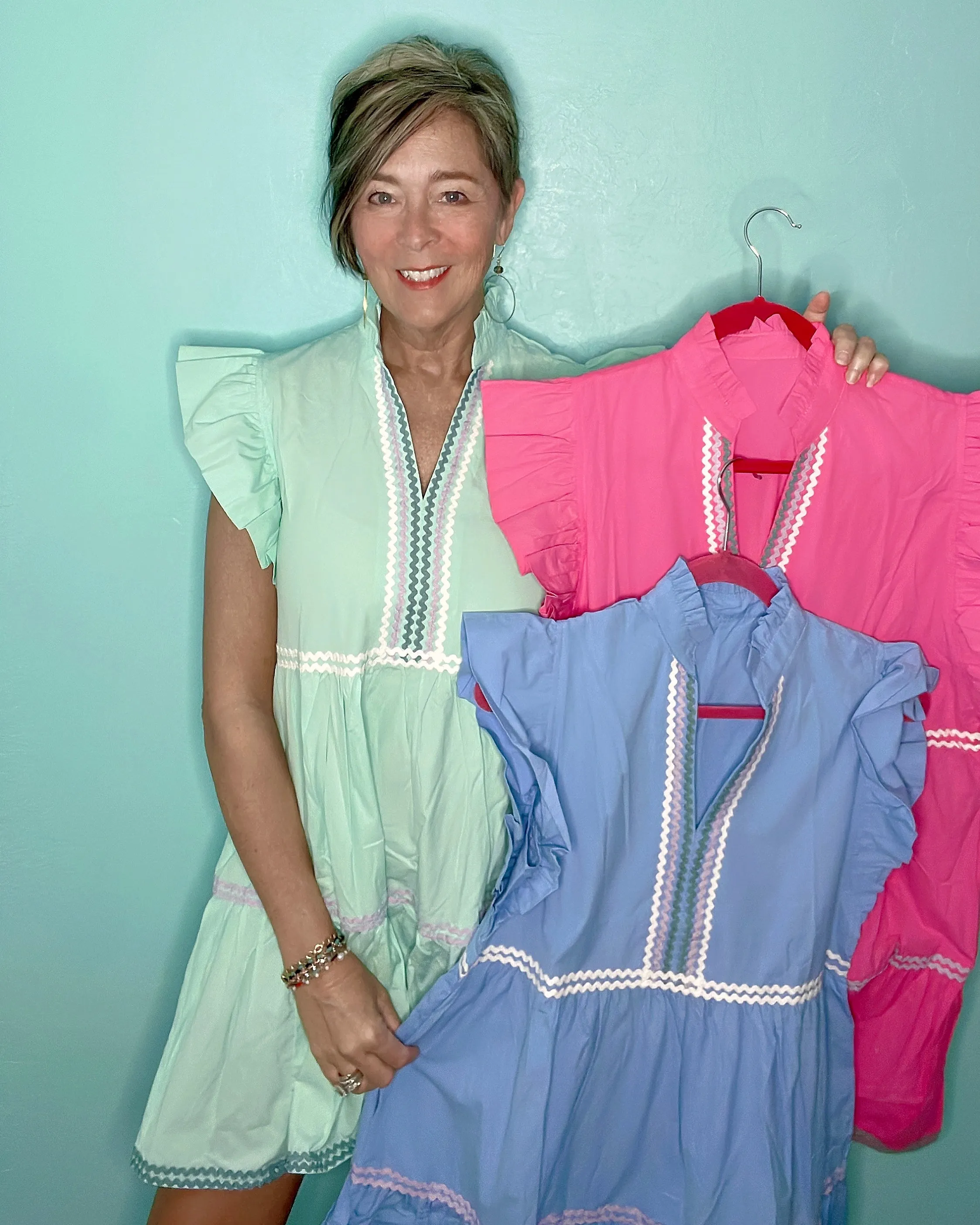 Blue, Pink or Mint Green Ricrac Trimmed Short Ruffle Sleeve Tiered Open Neck Dress