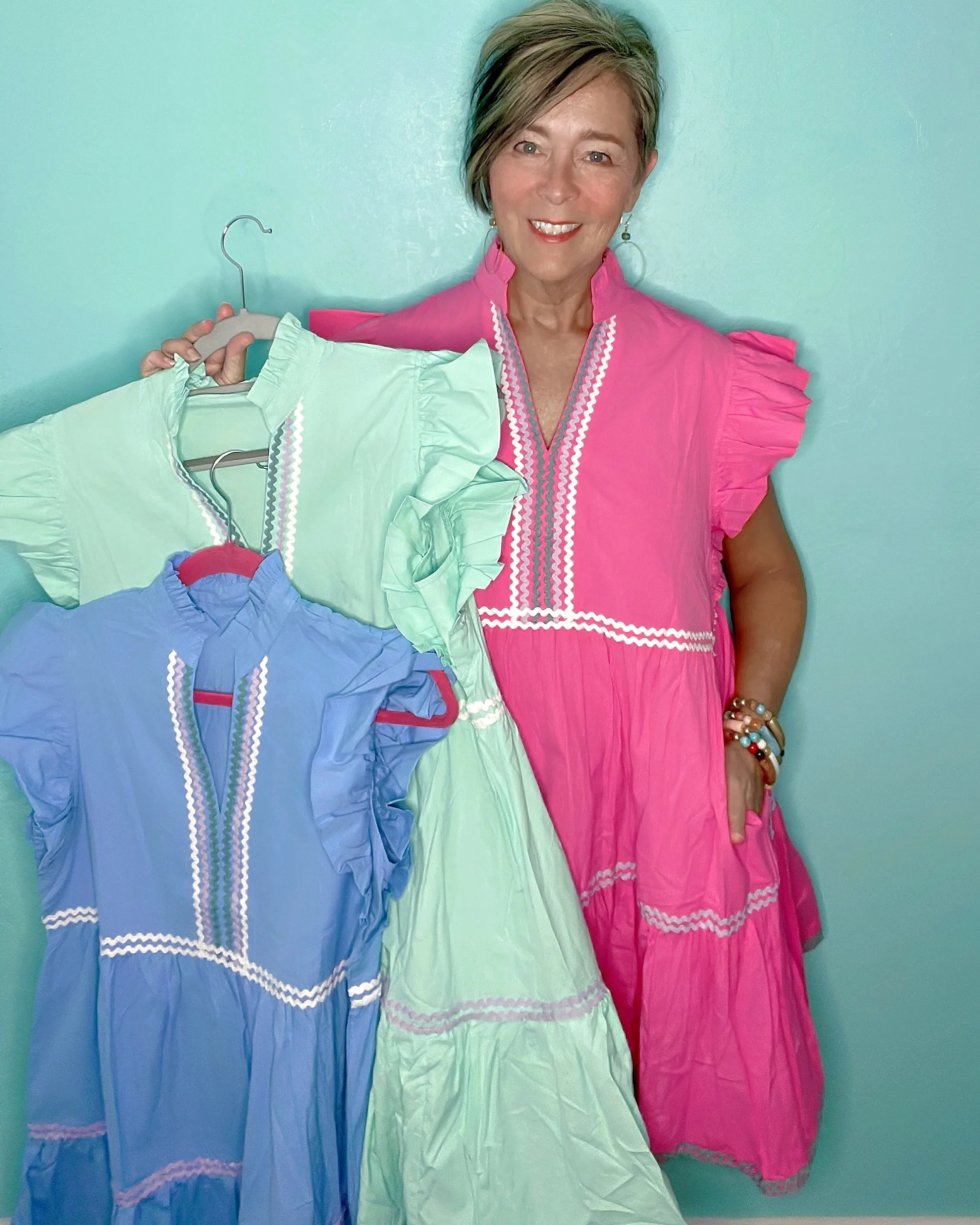 Blue, Pink or Mint Green Ricrac Trimmed Short Ruffle Sleeve Tiered Open Neck Dress