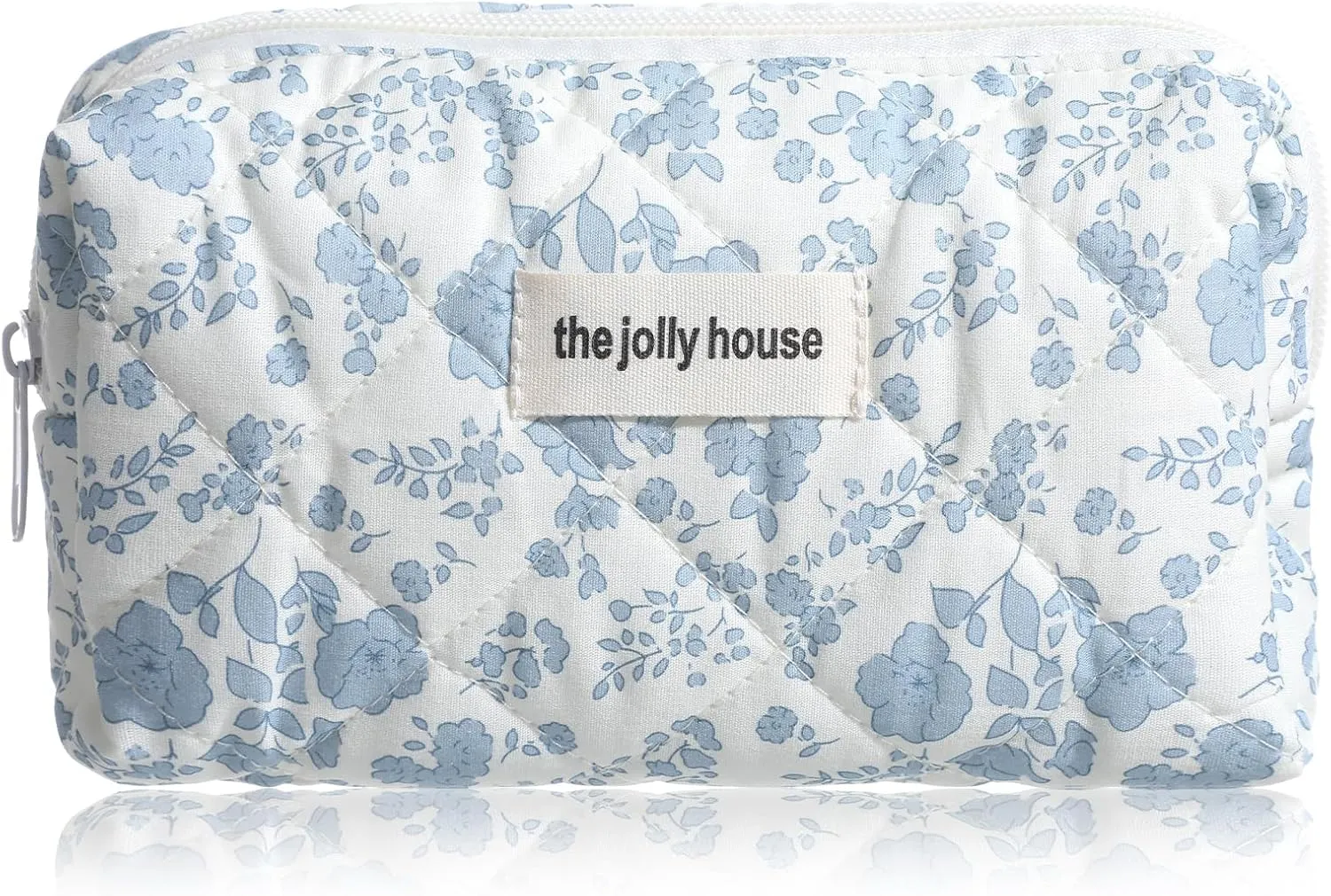 Blue Quilted Makeup Bag, Cute Floral Makeup Bag Organizers, Cotton Travel Cosmetic Bags for Women