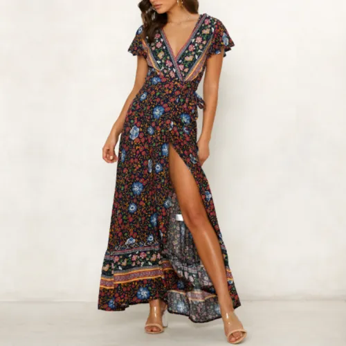 Bohemian Wrap Style V Neck Floral Maxi Dress