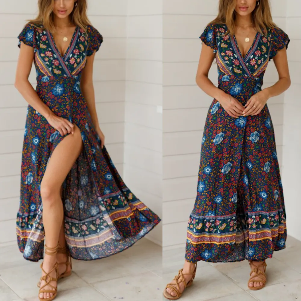 Bohemian Wrap Style V Neck Floral Maxi Dress