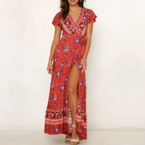 Bohemian Wrap Style V Neck Floral Maxi Dress
